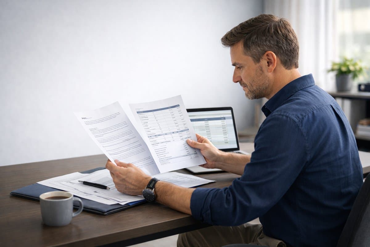 Small business tenant reviewing commercial lease and billing documents at a desk.